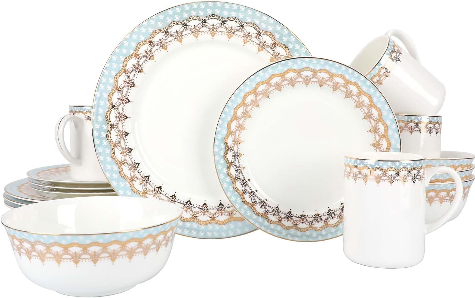Fine Bone China Dinnerware Sets,16PCS Relief and Gold-plating Pattern Lightweight Bone China High Grade Tableware Set for 4,Crown Series