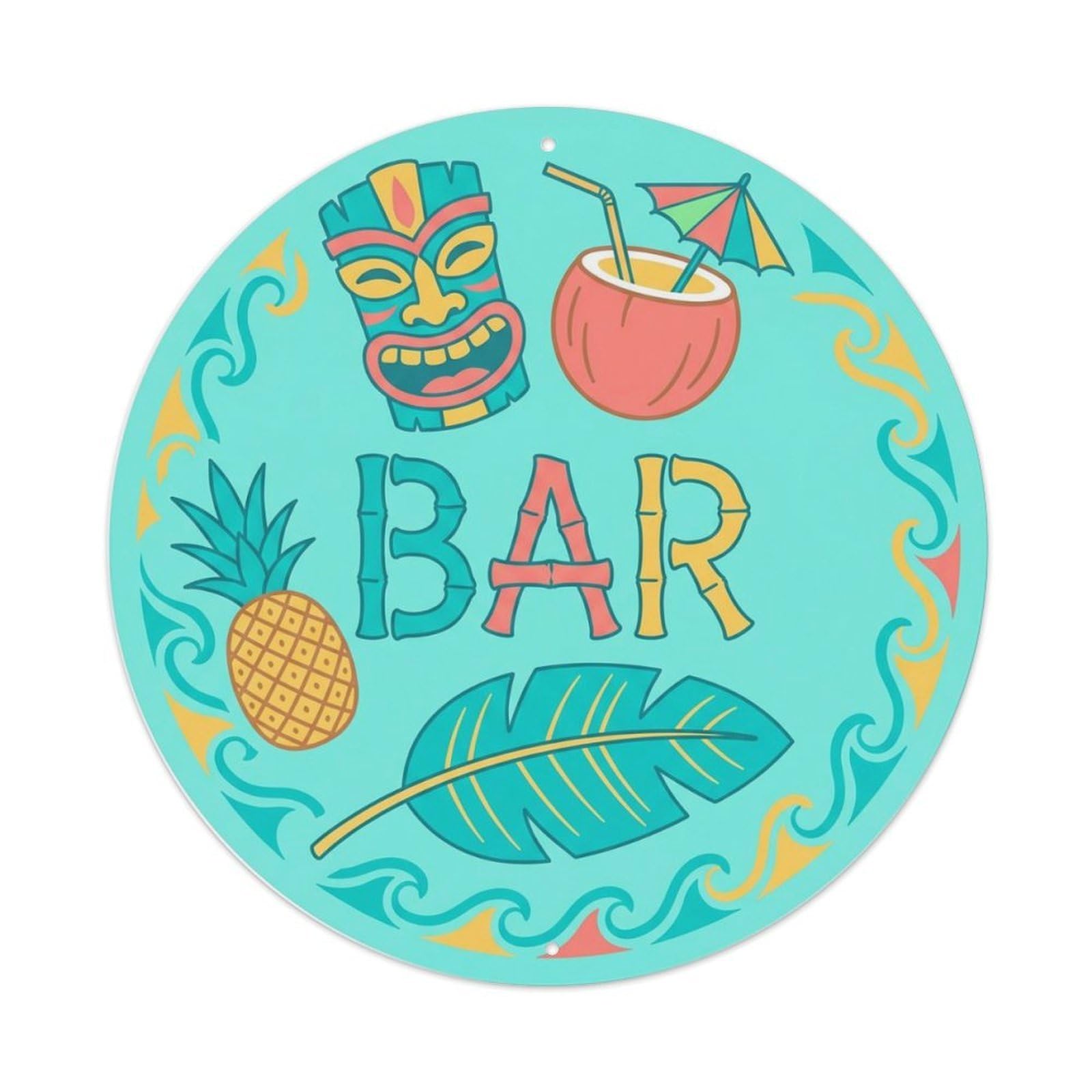 BAR Tropical Beach Ornament Metal Tin Sign Plaque Wall Decor for Cafe, Club Bar, Office, Home Garden Round Metal Poster 8x8Inch
