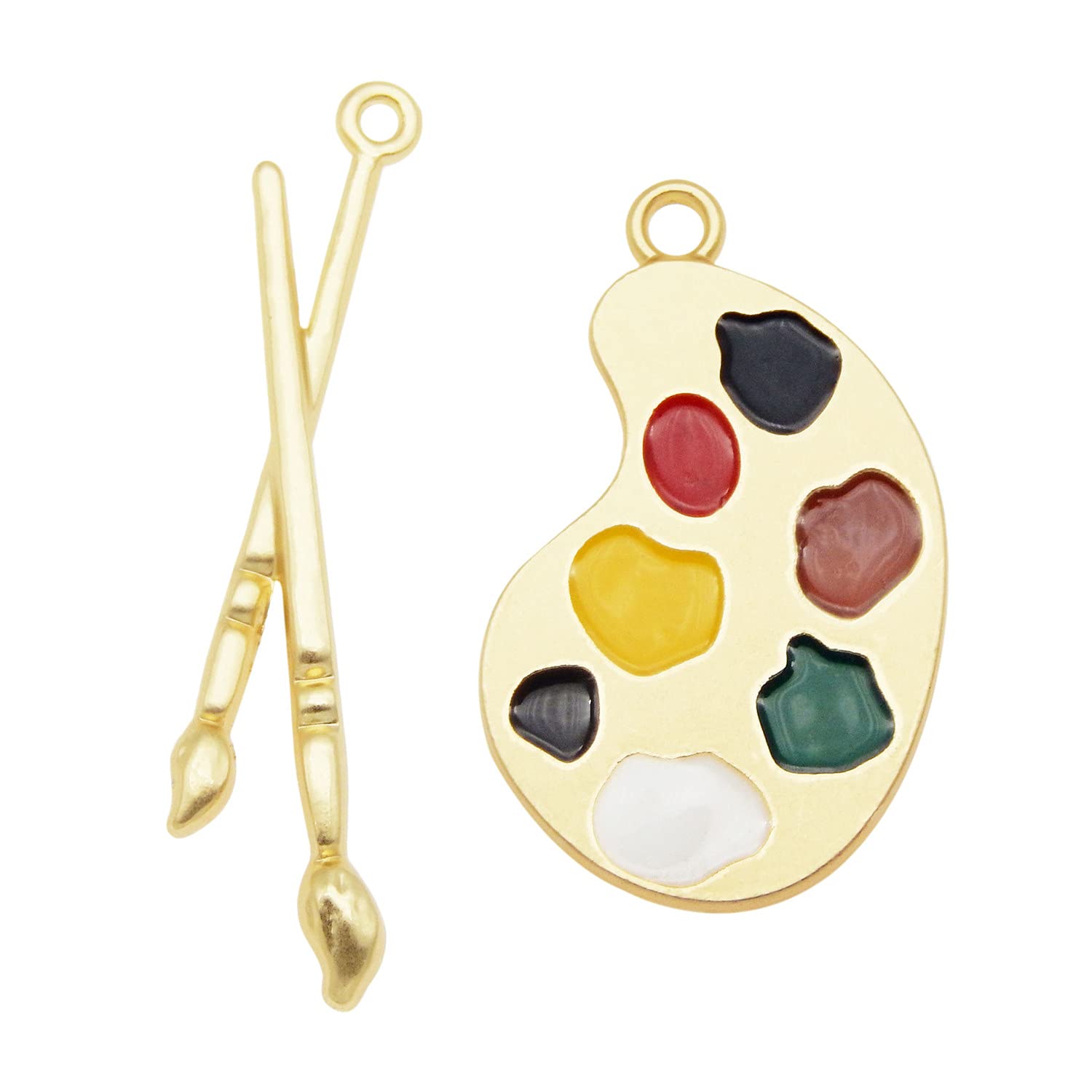 JJGQAZ 20 Pieces Assorted Gold Tone Enamel Paint Tray Palettes and Brushes Charms Pendant for Jewelry Making Necklace Bracelet