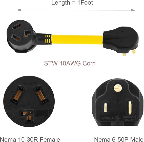 Nema 6-50P to 10-30R Power Adapter Cord, 50A Welder Male to 30A Dryer Female Adapter, STW 10AWG Length 1Foot