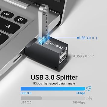 KiWiBiRD Double USB Adapter, USB Splitter, Mini USB Hub, Extension Adapter | Multi port 1x USB 3.0, 2 x USB2.0 for Laptop MacBook Desktop PC Compatible with Flash Drive Printer Keyboard Mouse Headset