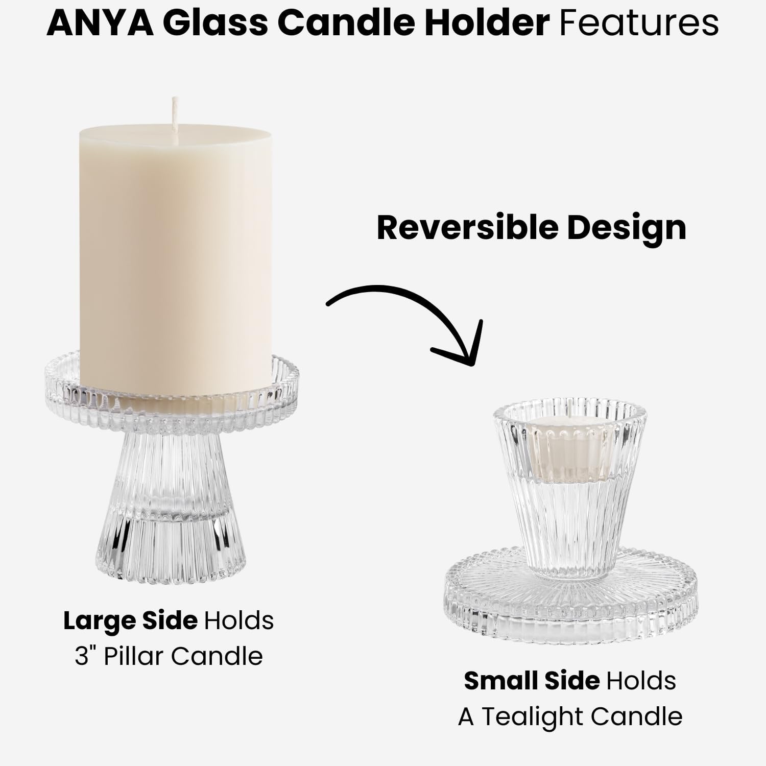 Torre & Tagus Reversible Single Glass Candle Holder for Pillar Candles & Tealights, Ribbed Candle Holder, Fluted Candle Holders Clear for Wedding or Dinner Tablescape Home Decor (Anya)