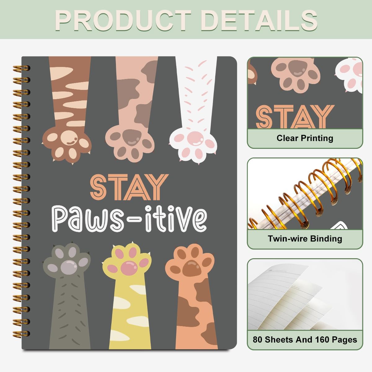 2 Pcs Cute Cat Lover Gifts Spiral Notebook, Cat Claw Notebook College Ruled image 3