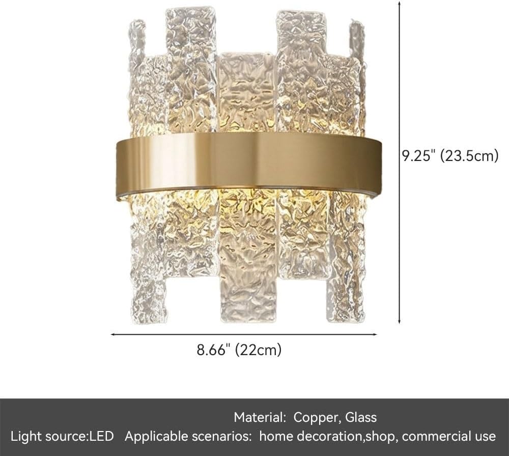 Modern Brass LED Wall Sconce, Rippled Glass Wall Lamp, Post Modern Minimalist Gold Light Fixture, Brushed Metal Accent for Living Room TV Wall Bedroom Bedside Hallway Corridor Hotel Parlor
