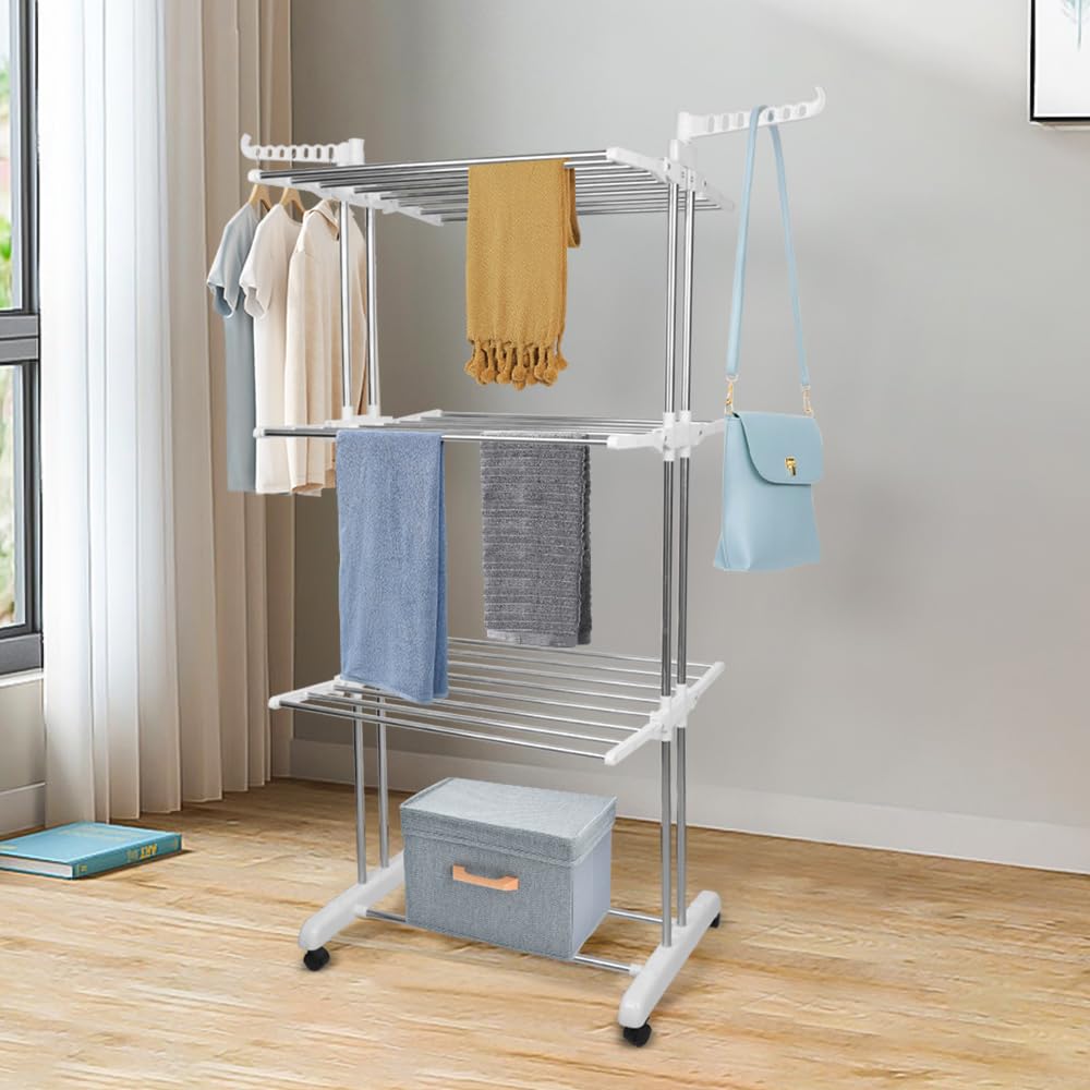 Hofuton Séchoir à Linge Tour 3 Niveaux Ailes Pliables En Acier Inoxydable 31112403