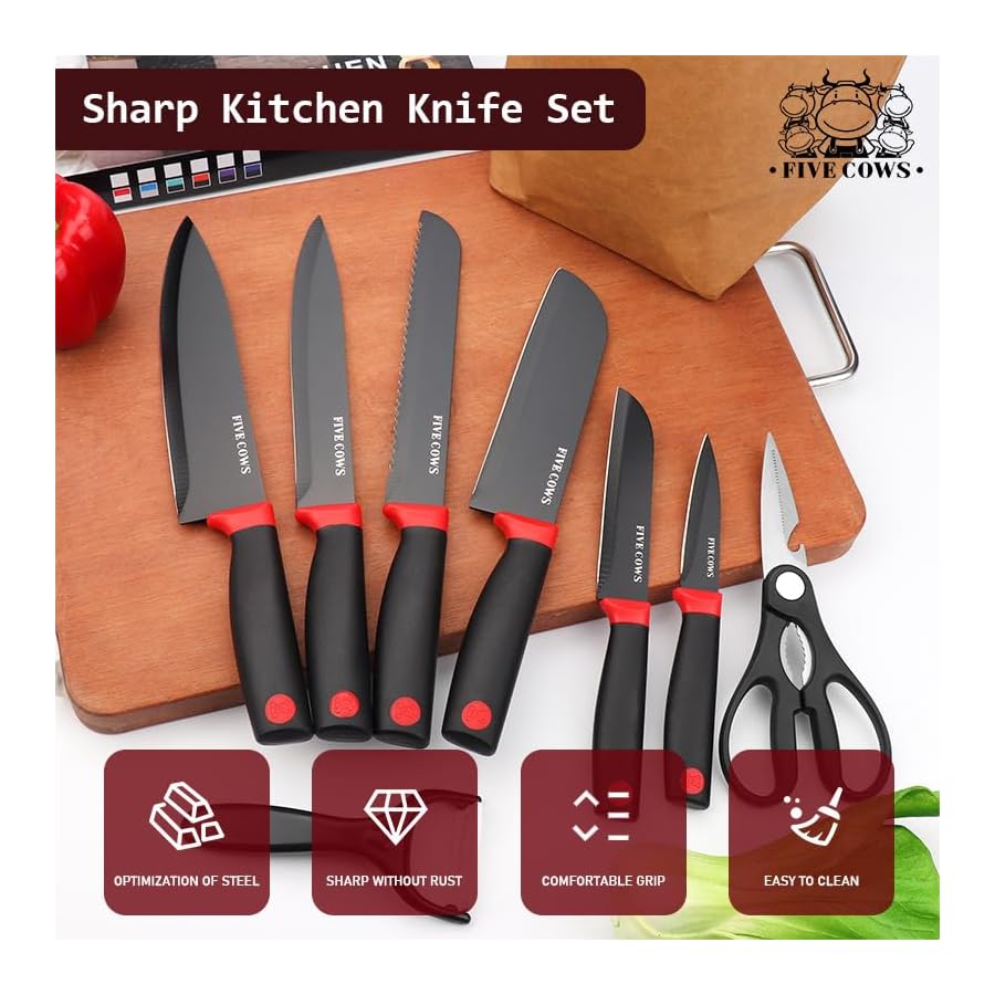 8-Piece Chef Knife Set - Ultra Sharp Premium German High Carbon Stainless Steel, Razor-Sharp & Durable, Lightweight Anti-Slip Handle, Professional Kitchen Knives with Gift Box (Red 8 Piece)