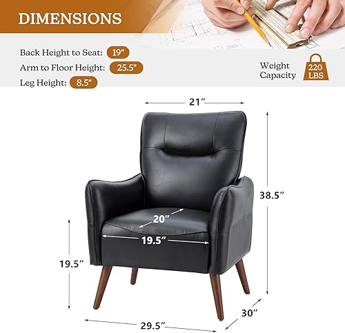 Miniatura 2 de HULALA HOME Sillón moderno de piel sintética con patas de madera cónicas, cómoda silla tapizada para sala de estar, dormitorio, oficina, color negro