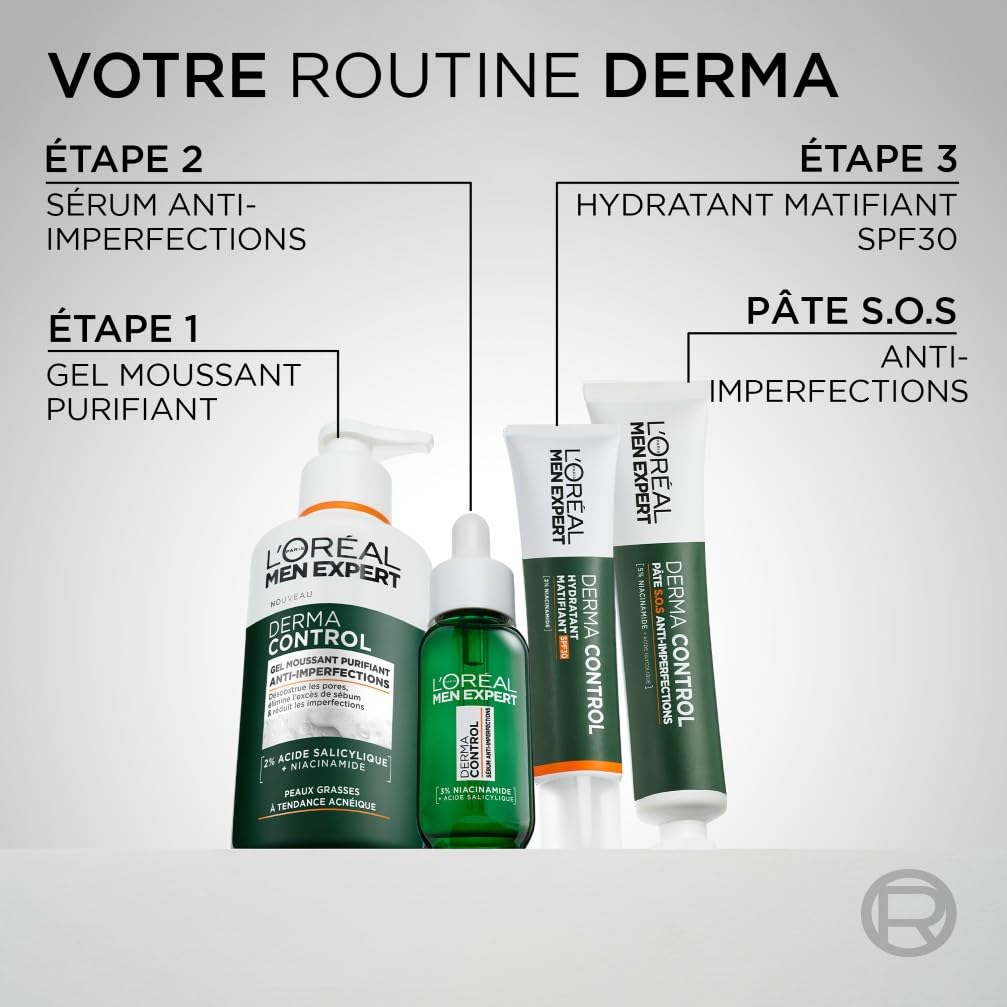 L'Oréal Men Expert - Pâte S.O.S Anti-Imperfections - Soin Localisé Anti-Boutons et Masque Purifiant - Enrichie en Niacinamide et Acide Glycolique - Derma Control - 45 ml