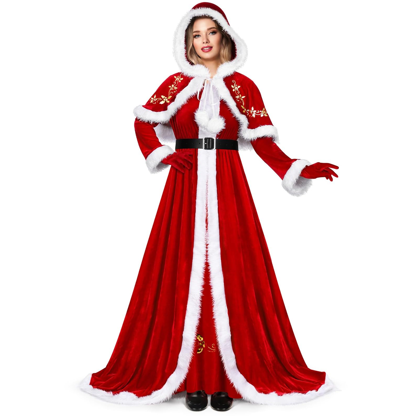 Costume de luxe Mme Claus rouge, avec robe à capuche et ceinture, déguisement de Noël pour adulte, costume de Père Noël, Costume Mere Noel Femme, Robe Mere Noel Femme, S - 5XL