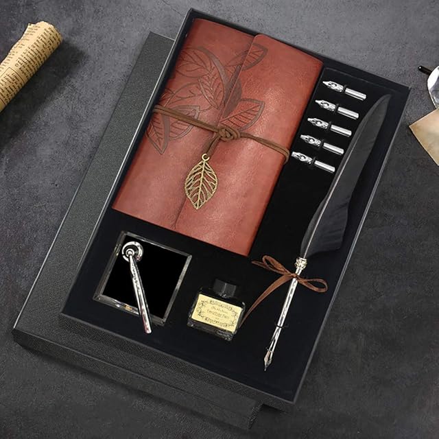 Quill Pen and Ink Set, Antique Feather Dip Pen Calligraphy Pen Set, including Feather Pen, 5 Replacement Nibs, Pen Nib Base, Notebook, Ink, Gift Box, Best Gifts for Him Men Dad (Black)