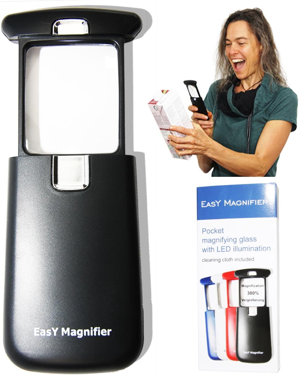 EasY Magnifier Small Pocket Magnifying Glass 3X with LED Light For Reading Fine Print; Mini Lighted Hand Held Acryl Lens; Read Lables In Stores; Magnify Glasses For Close Work;Helpful Gift For Seniors