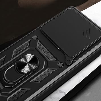 Elfia Xiaomi Redmi Note 15 Pro 5G ile Uyumlu Kılıf Silikon Yüzük Standlı Araç Tutucu için Mıknatıslı Tank Darbe ve Sürgülü Kamera Lens Korumalı Kapak Siyah