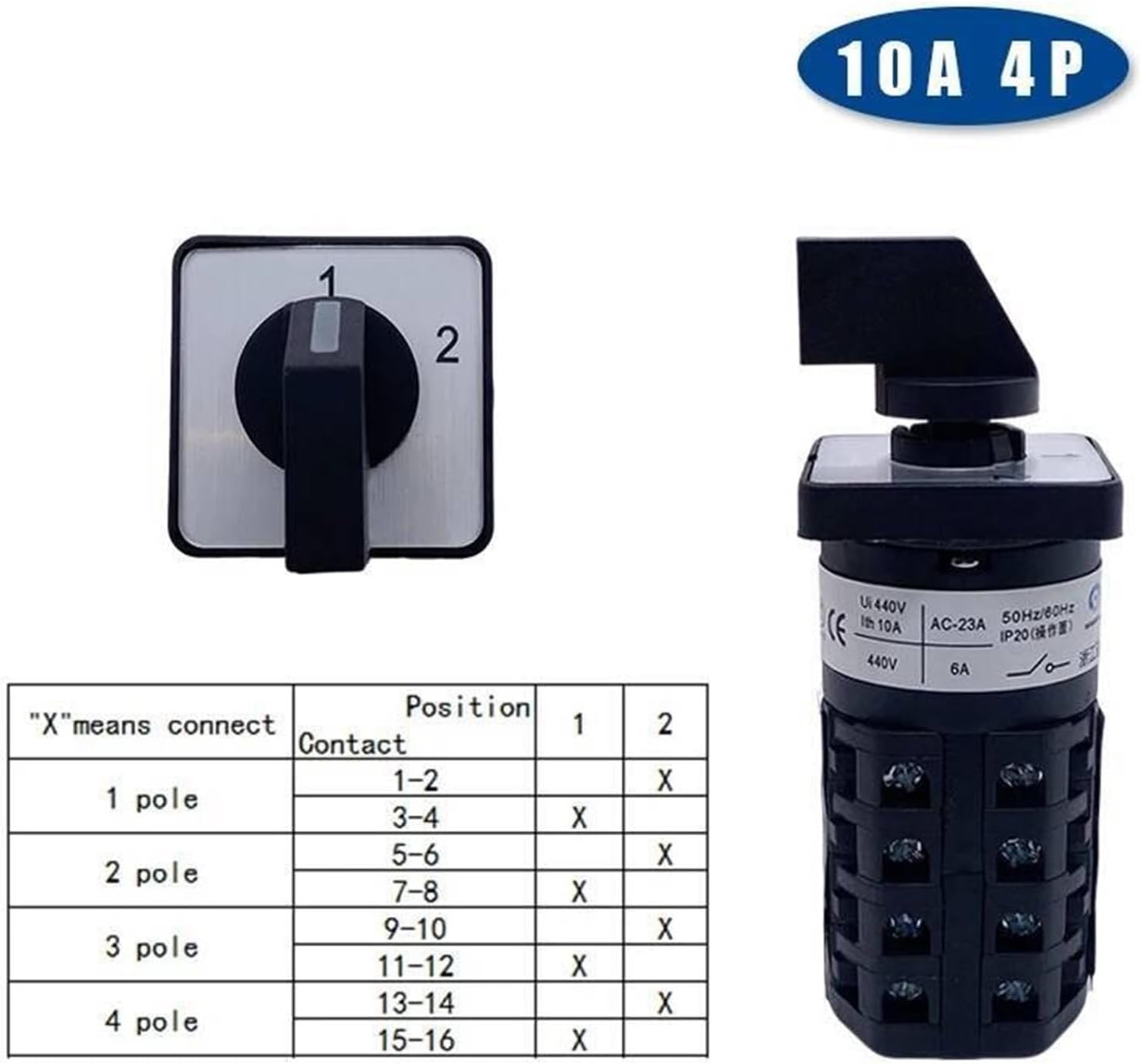 LW26-10/5 Changeover Selector LW28 Series 1-5 Poles 10A Silver Power Control Rotary Cam Switch(4P 16Terminal-1 2)