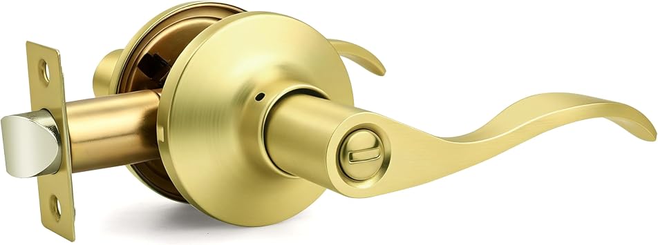 GOBEKOR Gold Door Handle Wave Privacy Door Lever Brushed Gold Door Handles Interior with Lock for Bedroom Bathroom Reversilble for Left/Right-Handed Doors, Satin Brass1 Pack