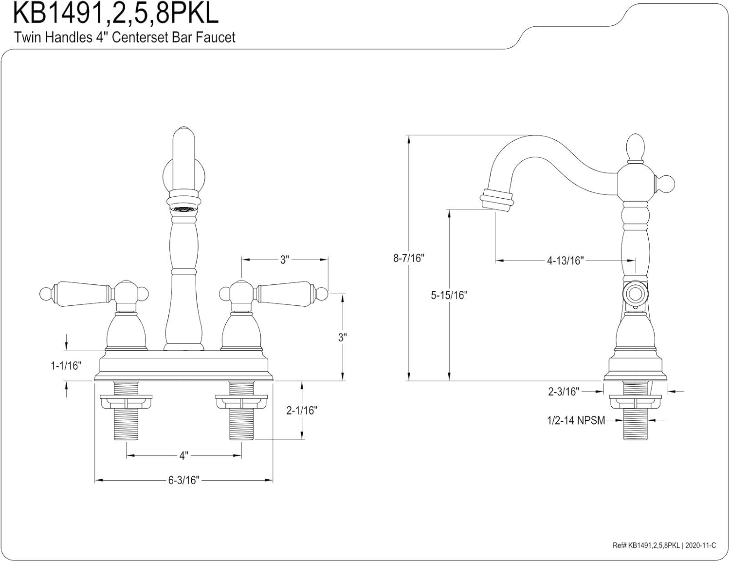 Kingston Brass KB1495PKL Centerset Bar Faucet with 4-3/4" Spout Reach, 4", Oil Rubbed Bronze