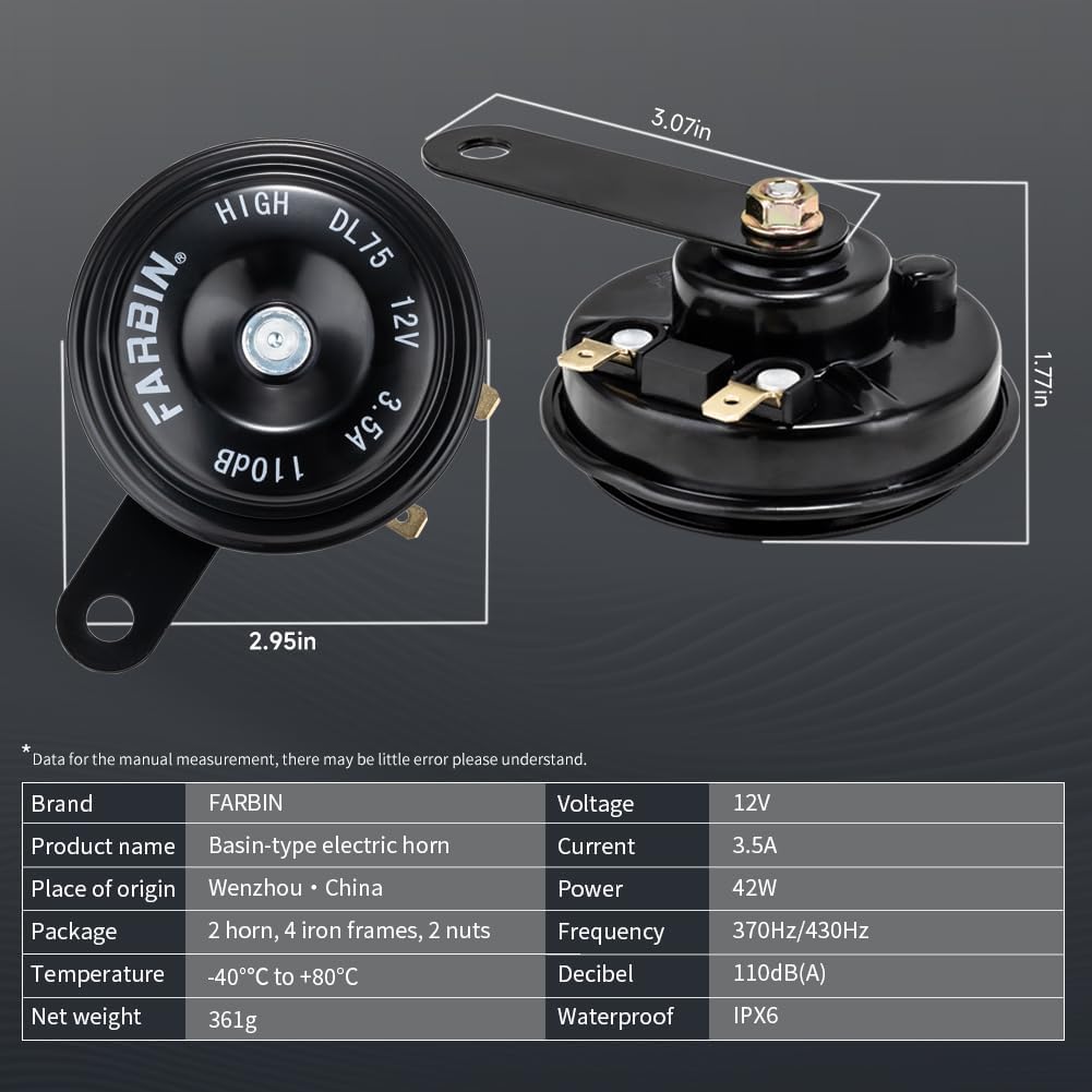 FARBIN Car Horn 12V Compact Motorcycle Horn 110dB Waterproof High & Low Tone Electric Horns Universal for Motorcycles Passenger Car Off-Road Vehicle Bikes ATVs etc.