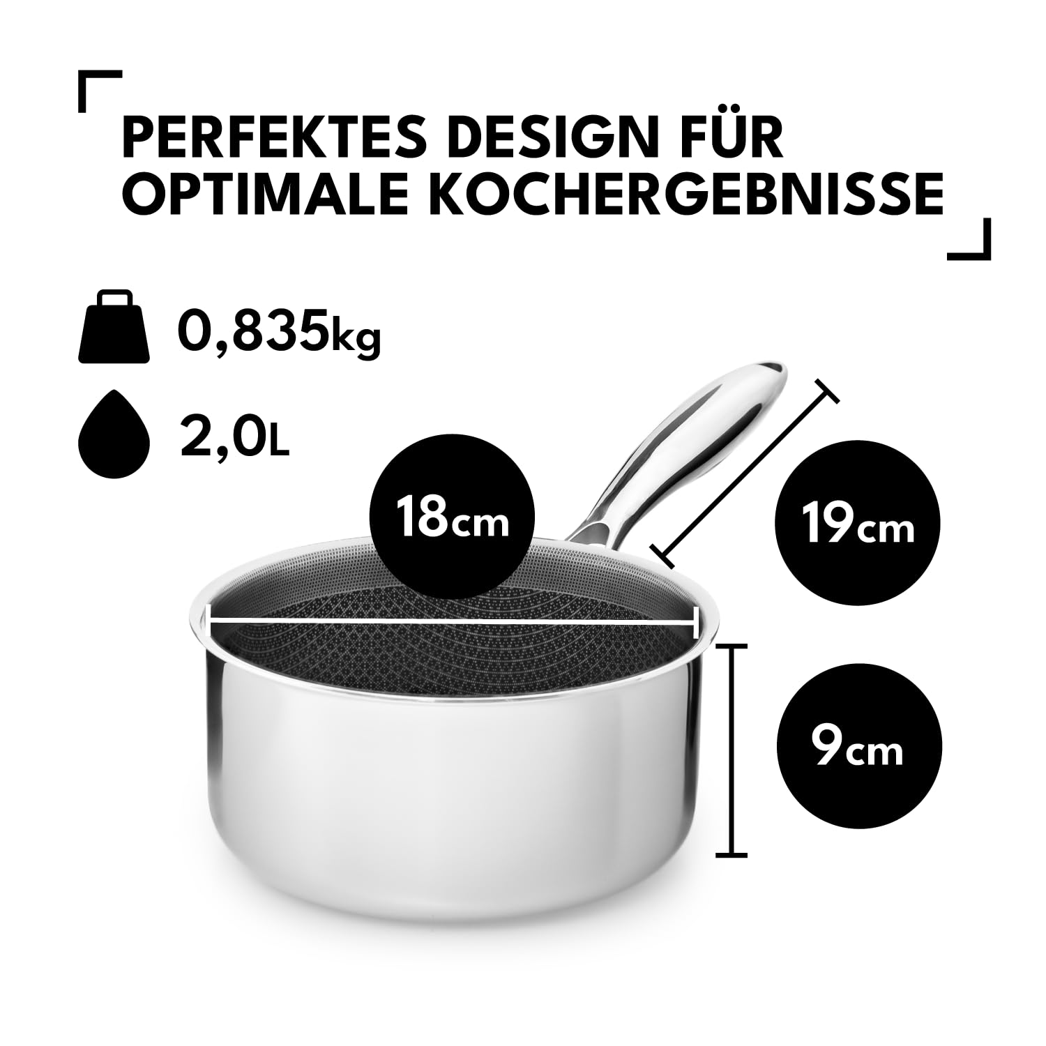 Onyx Cookware Stielkasserolle 18 cm 2 l – Beschichteter Kochtopf | Alle Herdarten; kratzfest; 3-Schicht Edelstahl; PFAS-frei; spülmaschinengeeignet