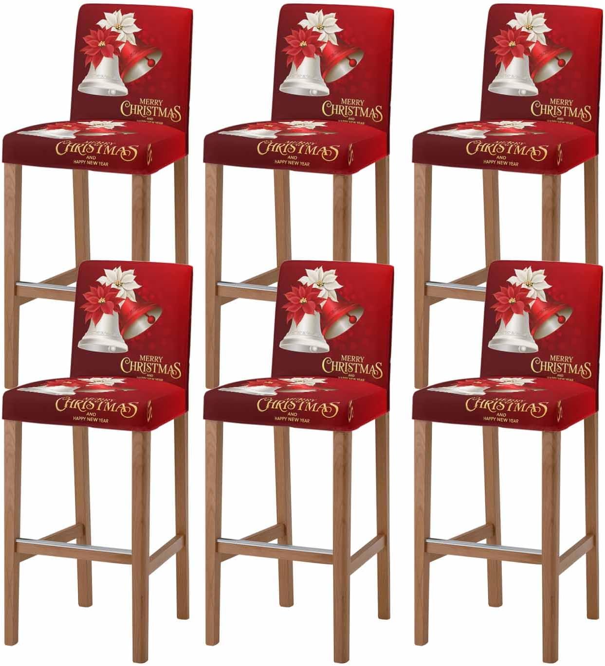 Christmas Poinsettia Bell Bar Stool Cover Set of 6, Red White Xmas Merry Christmas Stretch Bar Chair Cover, Removable Washable Pub Counter Stool Chair Slipcover for Kitchen Dining Room Pub Cafe