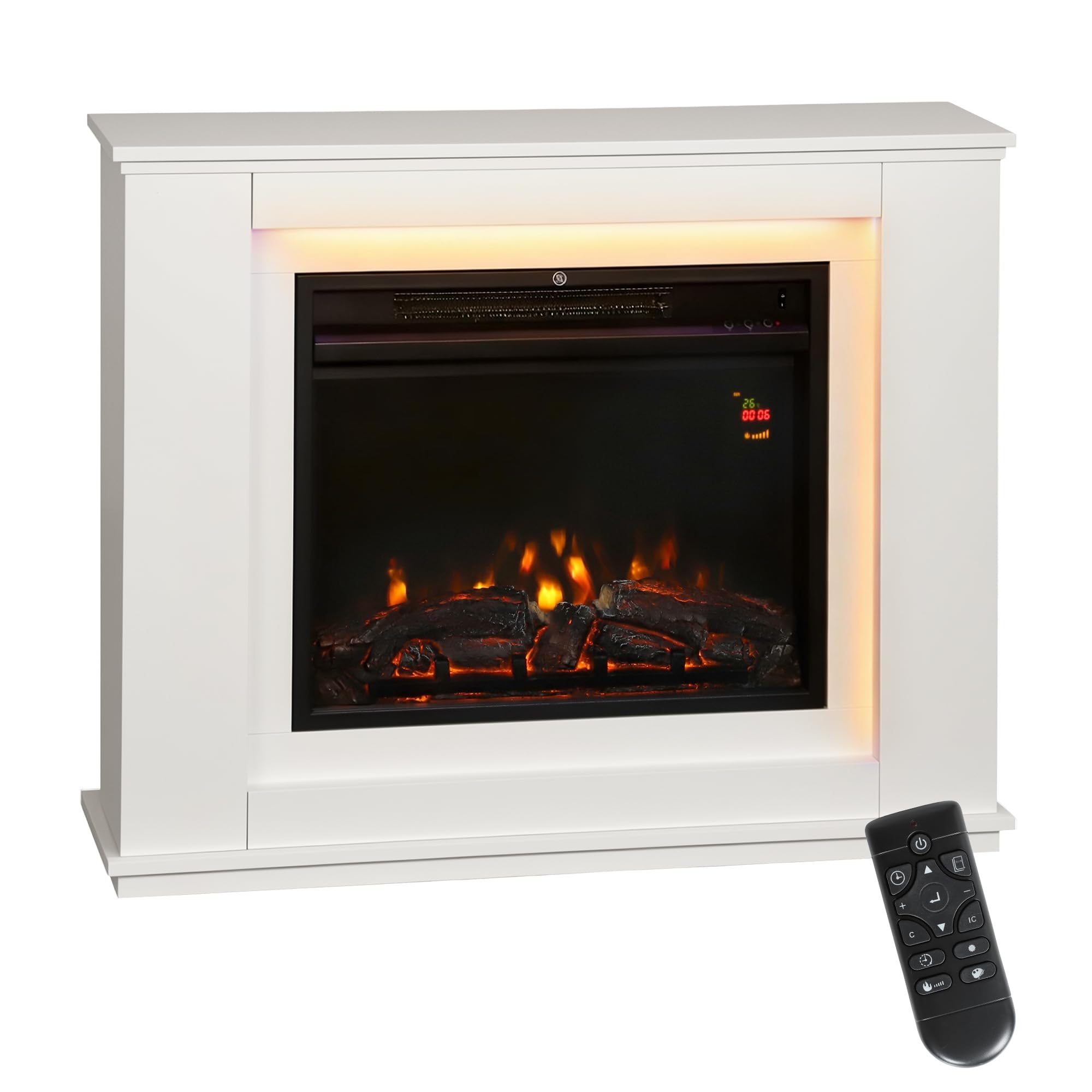HOMCOM Camino Elettrico da Incasso Effetto Fiamma 3D 2000W 30㎡ Bianco | Realistico, Caminetto Elettrico Silenzioso, Luce 12 Colori, Termostato, Riscaldamento Regolabile, Timer, Telecomando