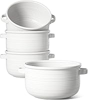 LETAUCI 28 oz Ceramic Soup Bowls with Handles - Lead-Free French Onion Crocks, Oven Microwave Safe, Stackable Set of 4 White