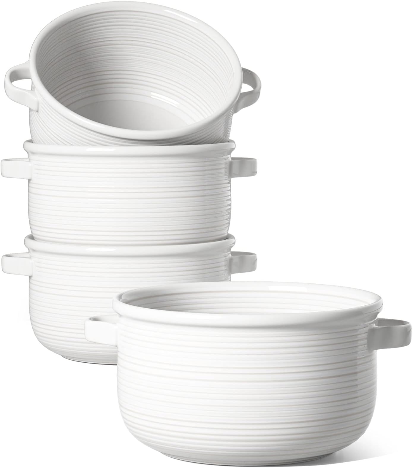 Soup Bowls with Handles - 28 oz Lead-Free Ceramic French Onion Crocks, Oven and Microwave Safe, Heat-Resistant Design, Stackable, Dishwasher Safe, Set of 4, White