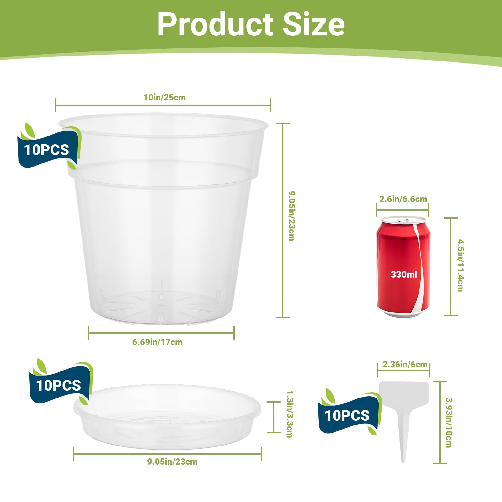 GREANER Lot de 10 grands pots transparents en plastique de 25,4 cm d'épaisseur avec trous de drainage, récipients décoratifs modernes pour intérieur et extérieur avec 10 étiquettes pour plantes