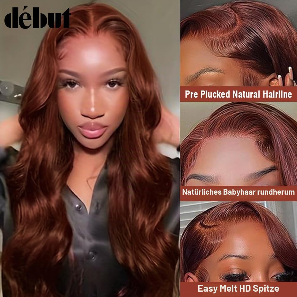 Rötlichbraune Body Wave Lace Front Perücke Echthaar 4×4 Lace Front Perücken für Frauen HD Lace Front Perücke Echthaar 180% Dichte Vorgezupft mit Babyhaar Kleberlose Perücken(35 cm, 33A)