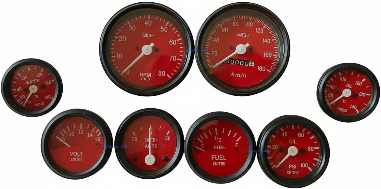 Smiths 52mm 8-Gauge Kit with 85mm Speedometer (Red & Black Dial) | Temp, Oil Pressure, Fuel, Oil Temp, Volt, Amp & RPM Meters | Classic Analog Dashboard Gauge Set for Cars, Tractors & Jeeps