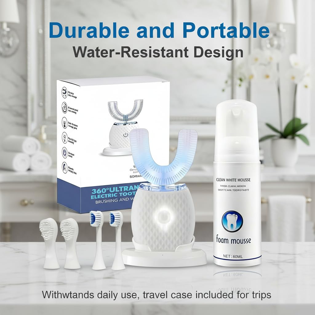 360° Ultrasonic U-Shaped Electric Toothbrush – Hands-Free Auto Cleaning with Foam Mousse, 4 Brush Heads, LED Light & Charging Base for Adults (White) - 4