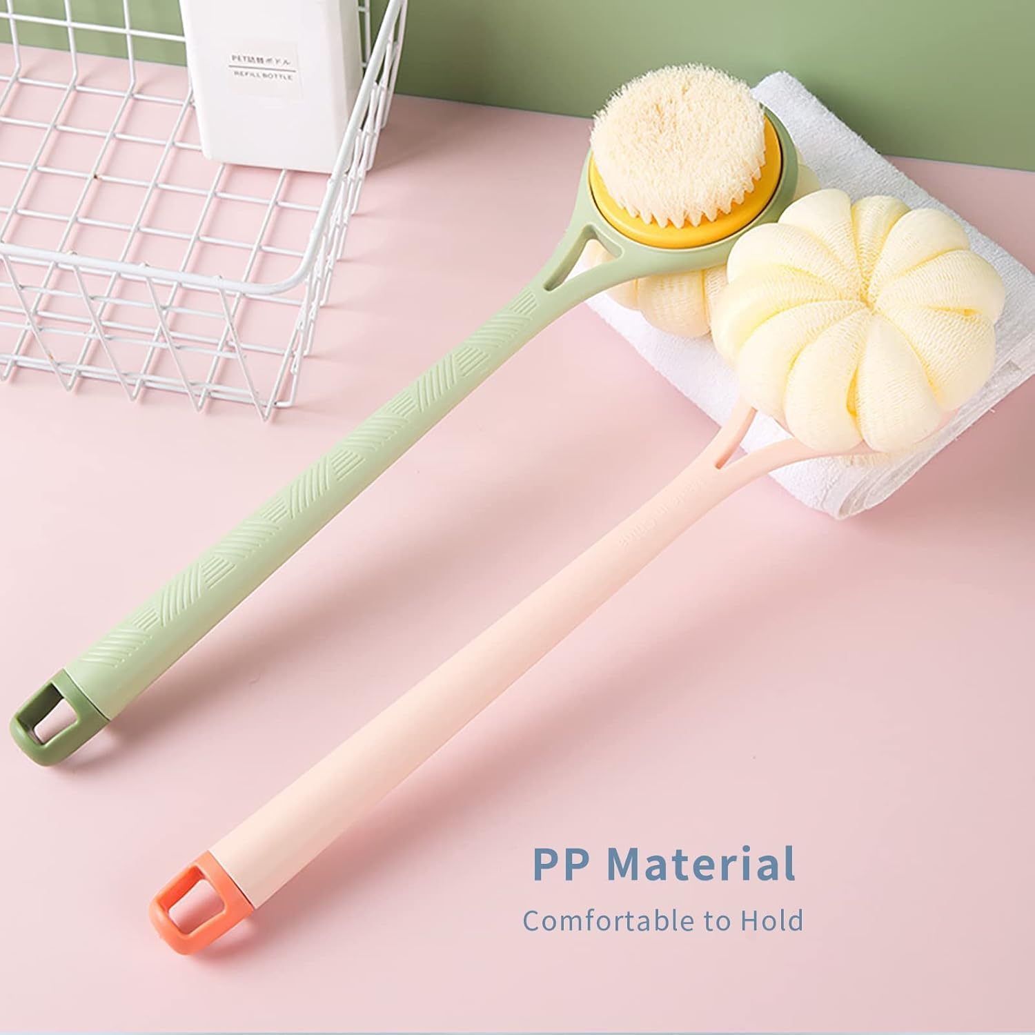 DNC 2 in 1 Bath Body Brush, Long Handle to Reach Back, Soft Bristle & Loofah Exfoliator, Non-Slip Curved Grip, Multicolour 1