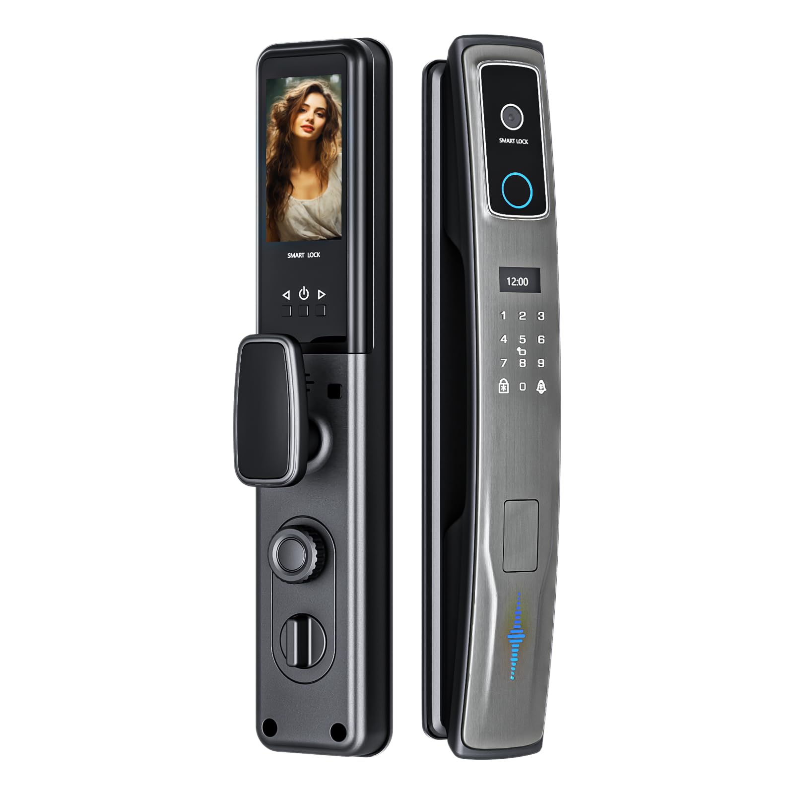 Smart Lock Smart Door Lock (1pcs 5000mAh) 3D Face Recognition, Palm Print,Video Intercom, WiFi Unlock Using Tuya App, Fingerprint, Card, PIN, Manual Key with 6068 Mortise (Grey)