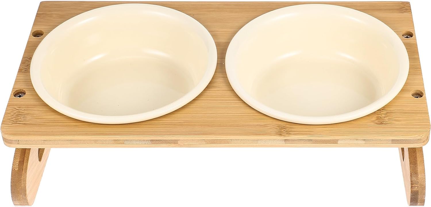 Ceramic Elevated Cat Bowl Set with Anti-Slip Stand, 15cm 600ml Dual Bowls for Indoor Feeding, Reusable Pet Feeding Accessory for Cats