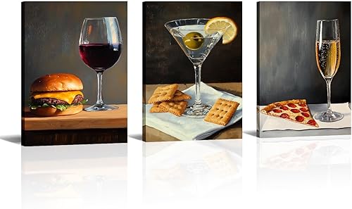 Miniatura 7 de 3 Pcs Kitchen Canvas Art Love Eat Drink Picture Wall Decor Framed Fork Knife Coffee Wine Painting Black and Red Prints Dining Room Restaurant Bar