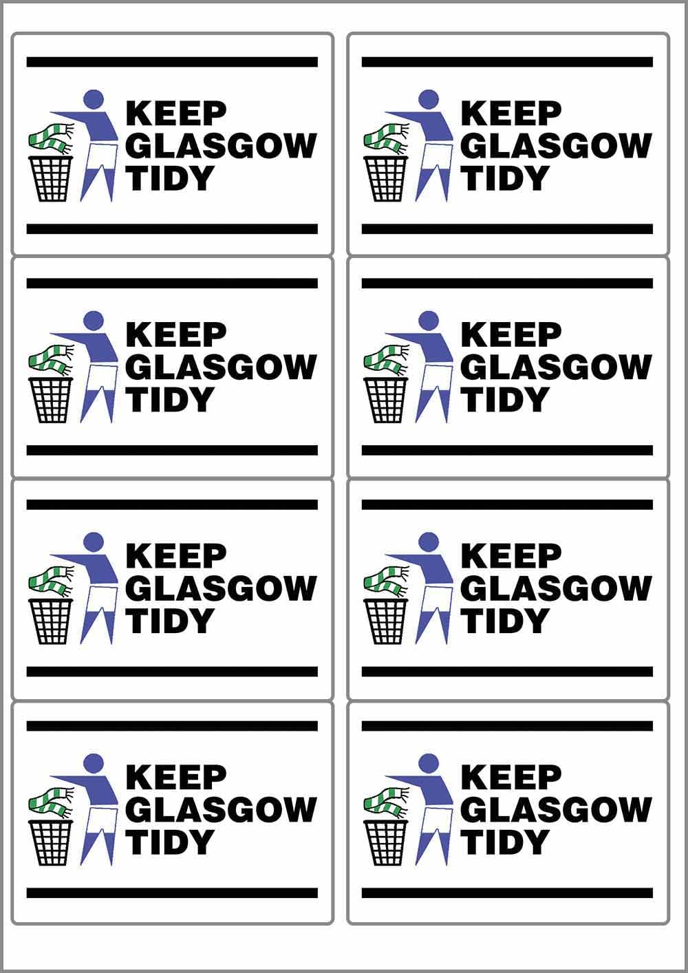 Keep Glasgow Tidy Rectangular Matt Paper Stickers A4 Sheet of 8 (Each Sticker is 99mm x 68mm) R