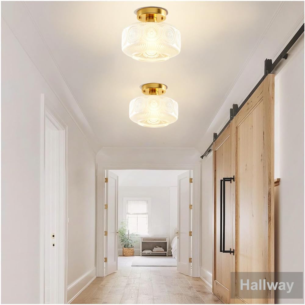 Semi Flush Mount Ceiling Light,Milk Glass Ceiling Lighting Fixture,Gold Ceiling Light with Milk White Galss Shade,Modern Mid Century Hallway Light Fixtures for Bedroom Kitchen Porch