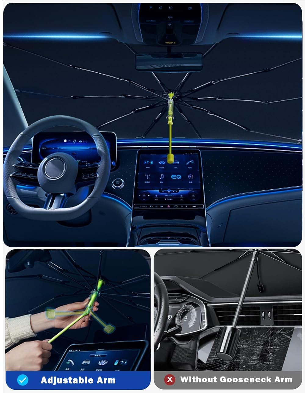 Auto Sonnenschutz Regenschirm für VW T6/T6.1/ T6 California, Faltbarer Windschutzscheibe Sonnenschutz UV-Schutz Reflektor mit Flexiblem Biegbarem Griff,L