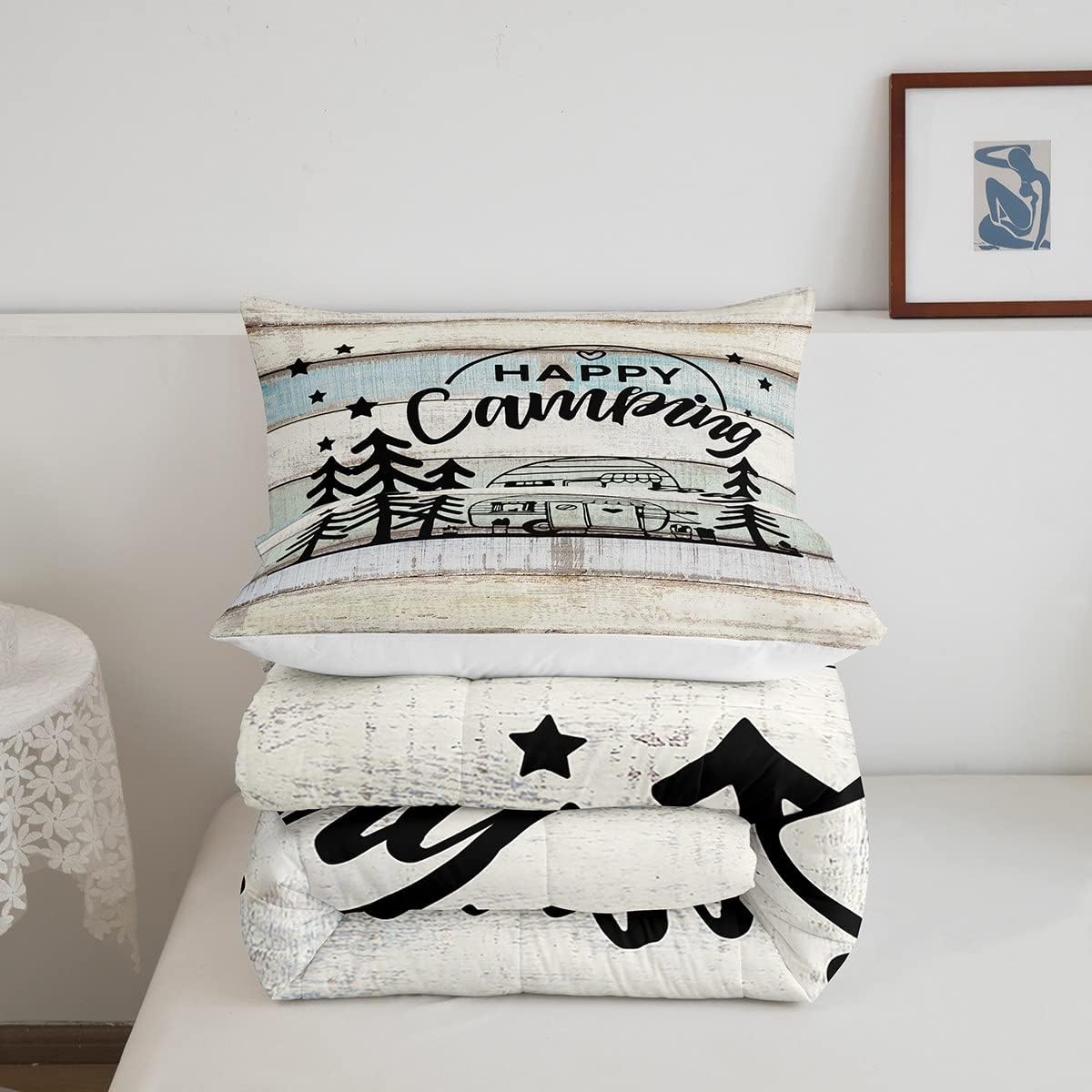 jejeloiu Camper Decor Comforter Happy Camping Bedding Set for Kids Boys Girls Teens Rv Decor Vintage Wooden Door Comforter Set Camping Lovers Quilt for All Season 3Pcs Queen Size Boys