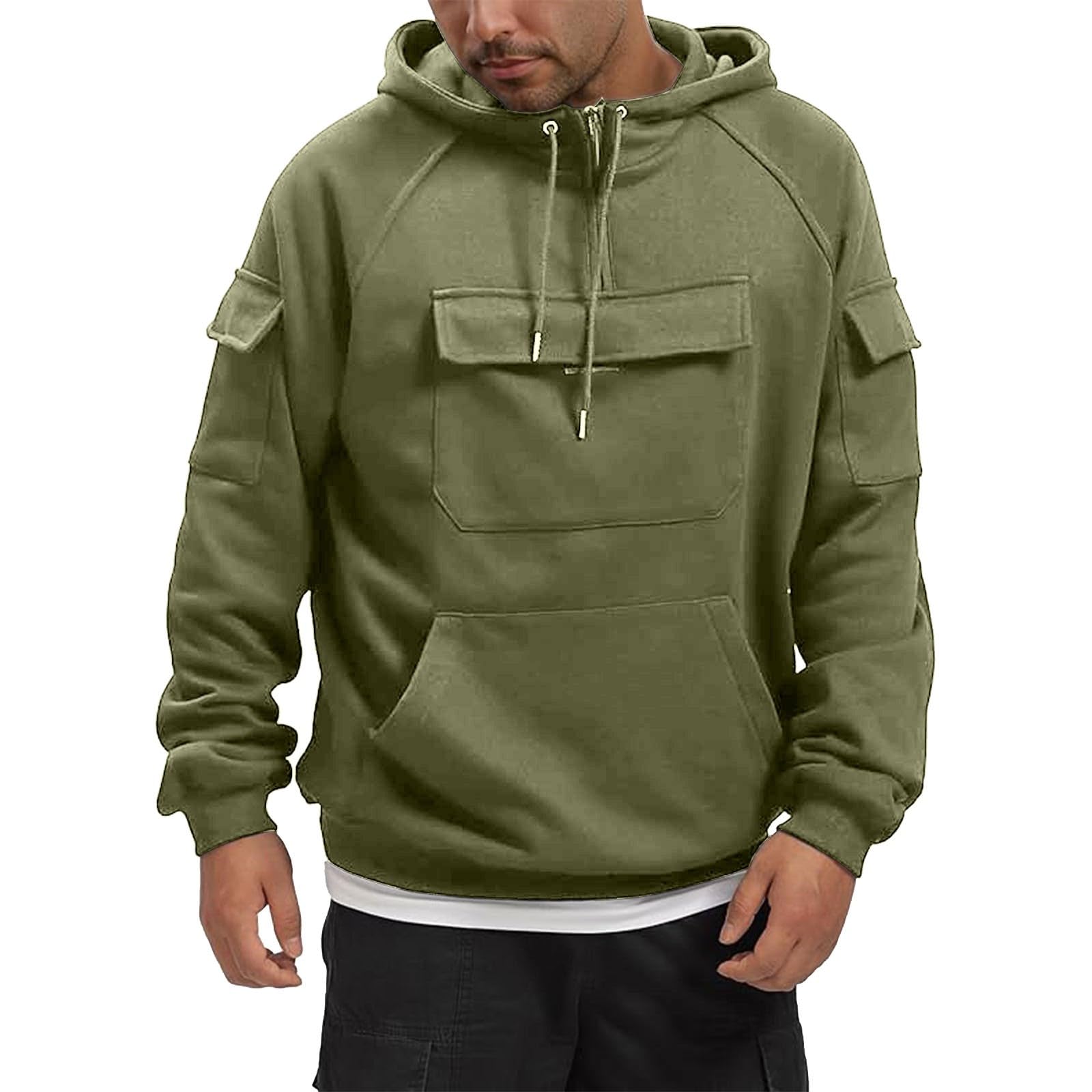 Taktyczne bluzy z kapturem dla mężczyzn Cargo Quarter Zip Multi Pocket Bluzy z długim rękawem jesień i zima solidne codzienne modne ubrania sportowe trening siłownia topy