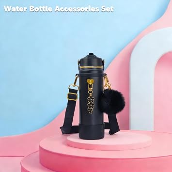 Insulated Water Bottle Accessories Set,Including Water Bottle Shoulder Strap,Siliocne Boot,Keychain Charms,for12,14,16,18,22,24 oz,for Hydro Flask,IRON °FLASK,ThermoFlask,CIVAGO(Black)