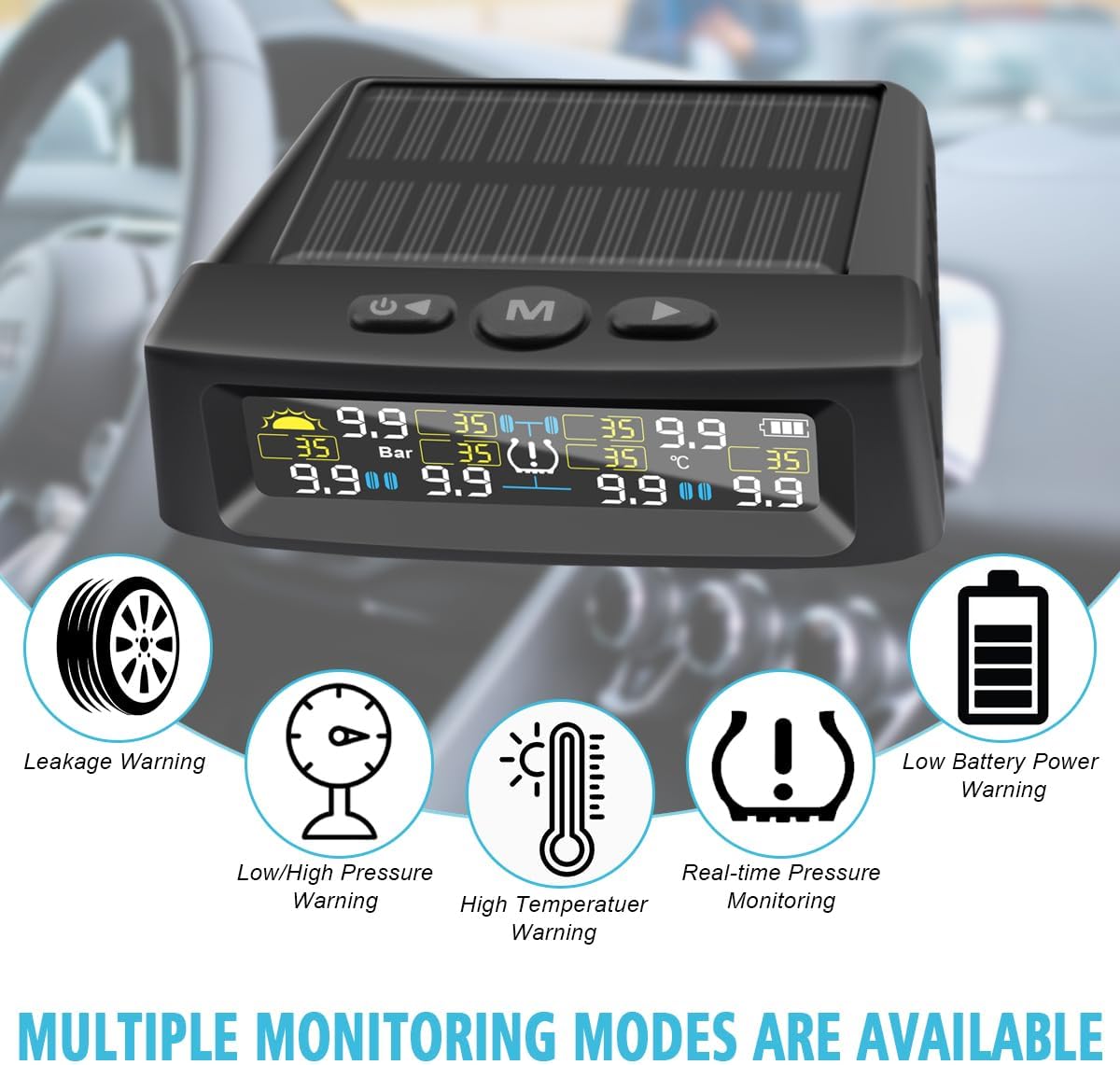 Tire Pressure Monitoring System Wireless with 6 External Sensors & 5 Alarm Modes, Real Time Display of Tire Pressure & Temperature, Solar & USB Charging (0-144PSI)