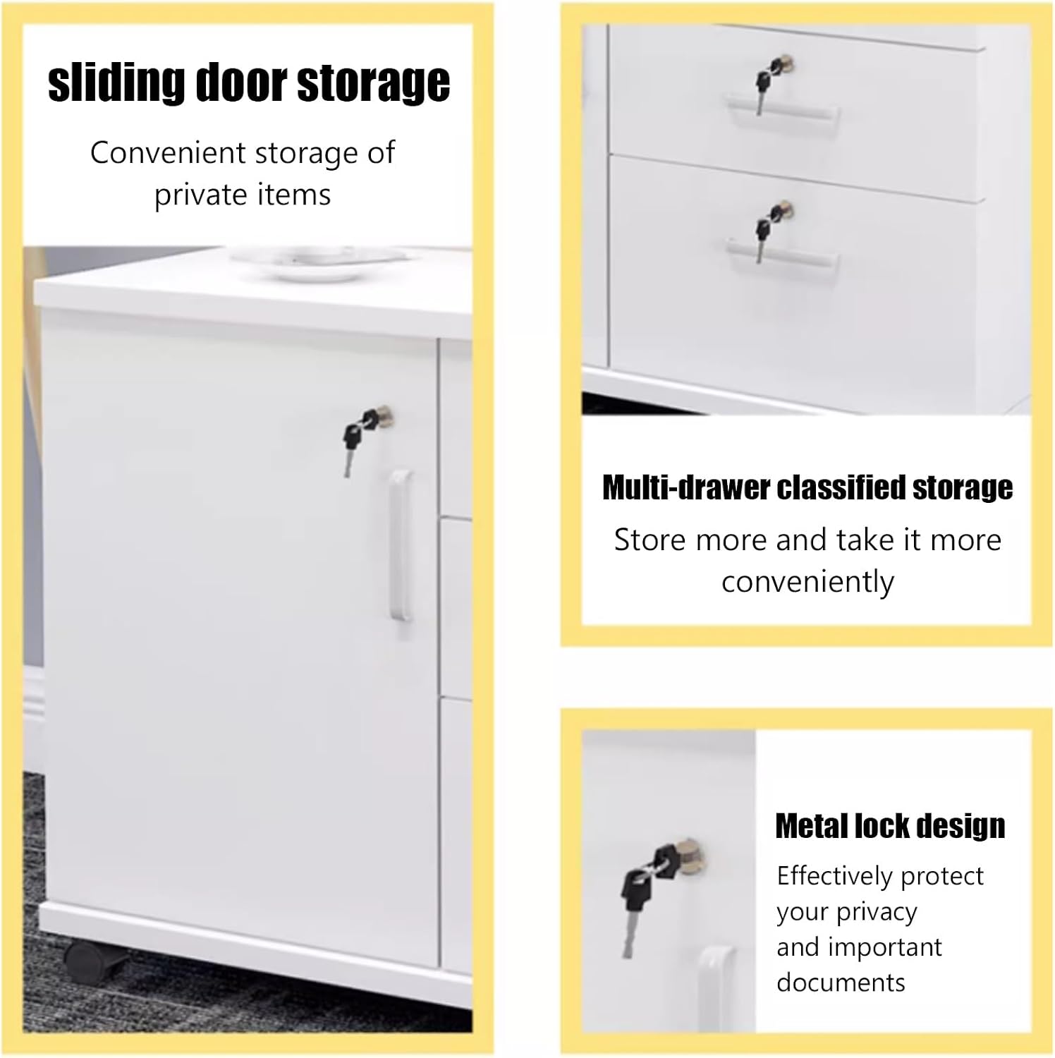 3 Drawer Locking Wood File Cabinet Mobile Lateral Filing Cabinet for Home Office Printer Stand with Adjustable Shelves Under Desk Storage Cabinet (Yellow Teak)