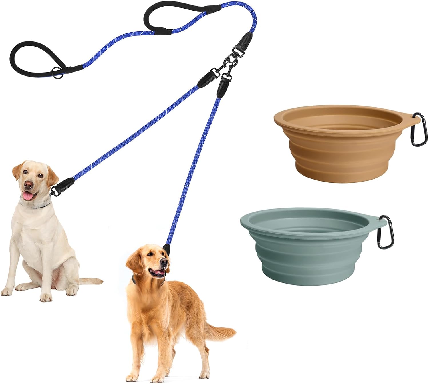 PetBonus Rope Double Dog Leash and 2-Pack Large Silicone Collapsible Dog Bowls