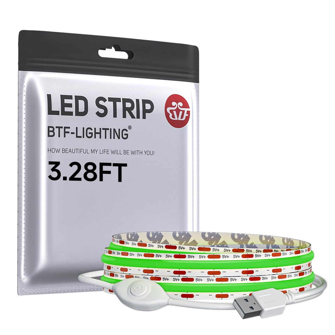 BTF-LIGHTING FCOB COB LED Strip Lights 5V USB Powered Green Color for TV