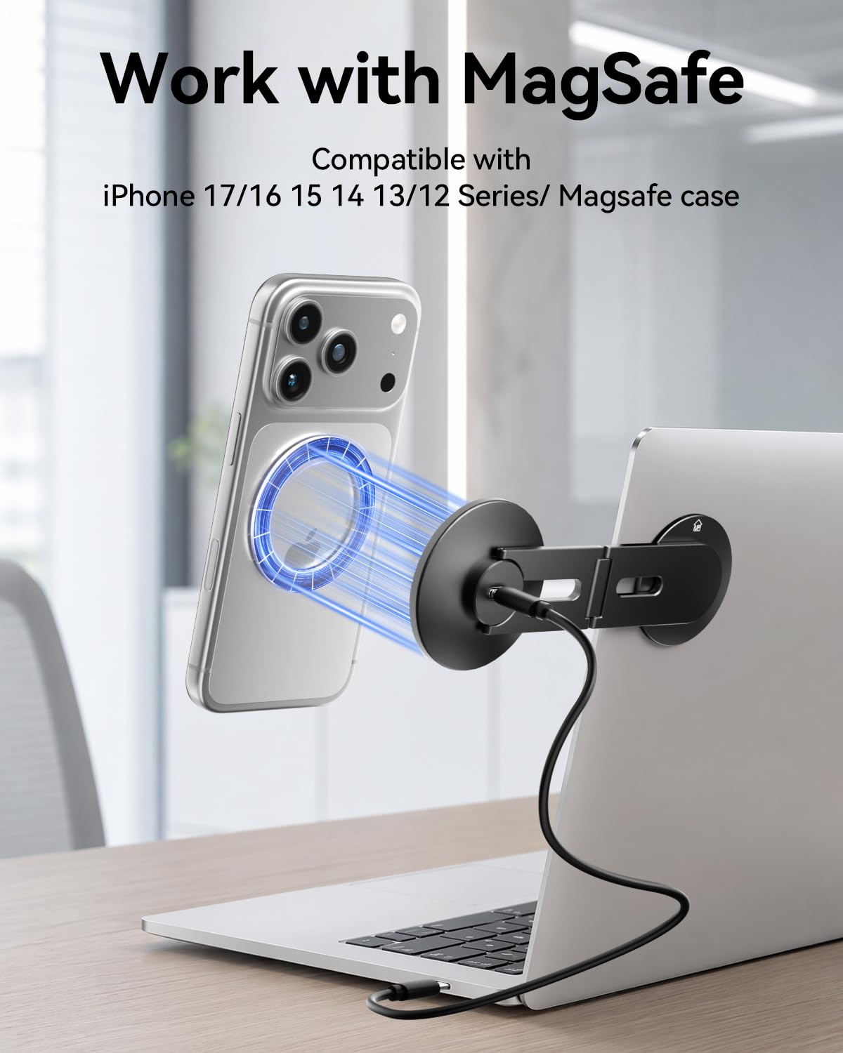 Soporte Magnético para Teléfono y Portátil con Carga Inalámbrica 15W, Soporte Plegable Compatible con MagSafe para iPhone 17/16/15/14/13/12, Monitor y Tesla 3/Y/S/X, Negro, Aluminio