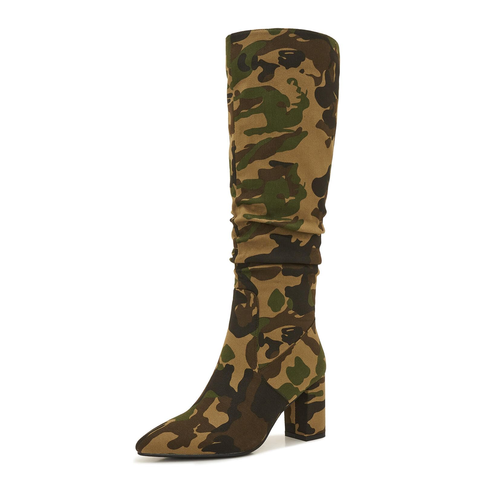 ZXHYZLZ Womens Camouflage Knee High Boots - Chunky Block Heel Pointed Toe - Slouch Dress Boots for Fall