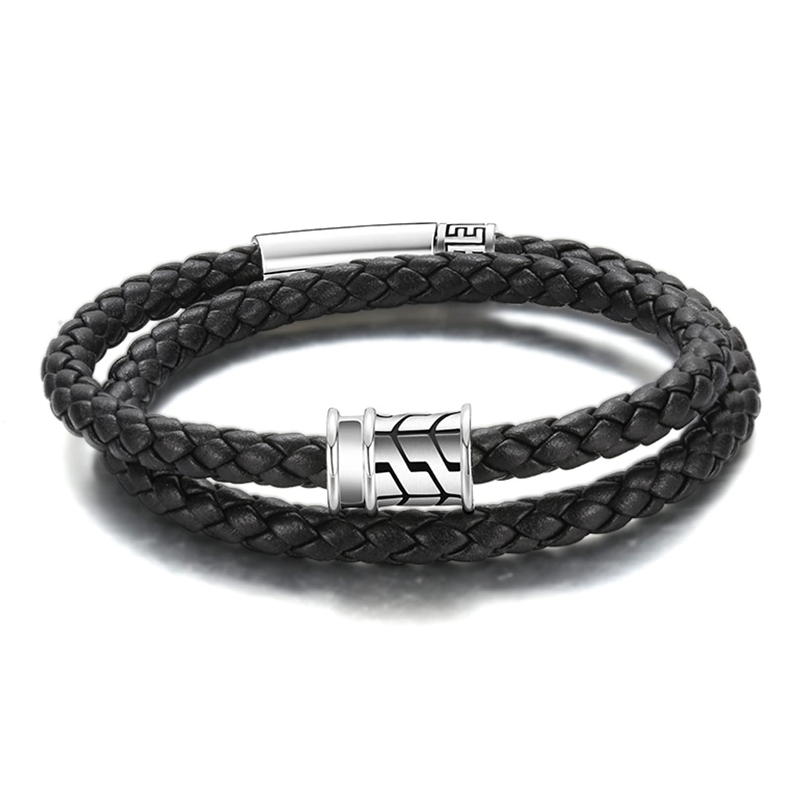 LYGXWJFC Herren-Armband aus echtem Leder, geflochtenes Seil – 925er-Sterlingsilber, klassischer handgefertigter geflochtener schwarzer Armreif, Biker-Punk-Bänder, polierter Schutzschmuck