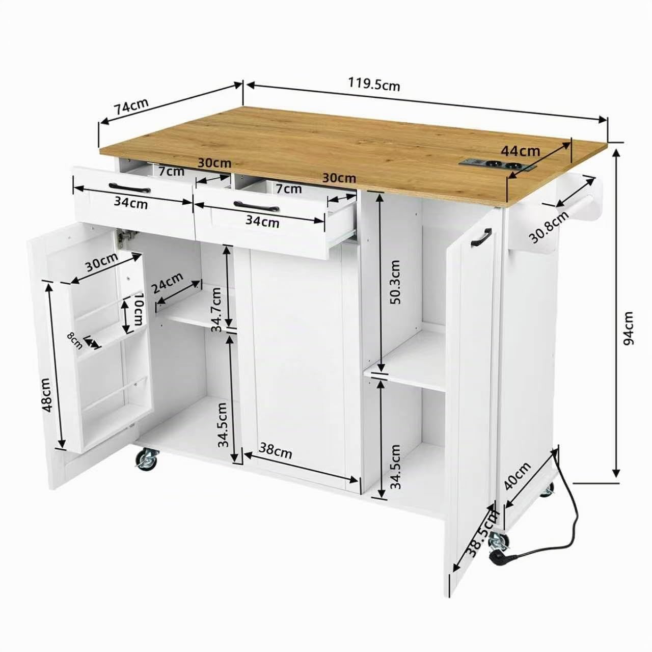 Îlot Central, Desserte Îlot de Cuisine sur roulettes, avec 2 Prises et 2 Ports USB, 119,5 x 44–74 x 94 cm, pour Cuisine et Salle à Manger, Blanc