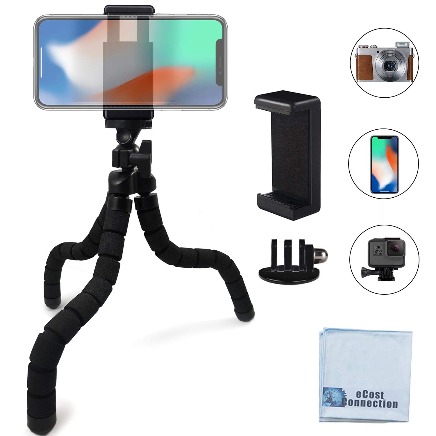 Acuvar 10” inch Flexible Tripod with Quick Release + Universal Mount for All Smartphones + Mount for GoPro Cameras + an eCostConnection Microfiber Cloth