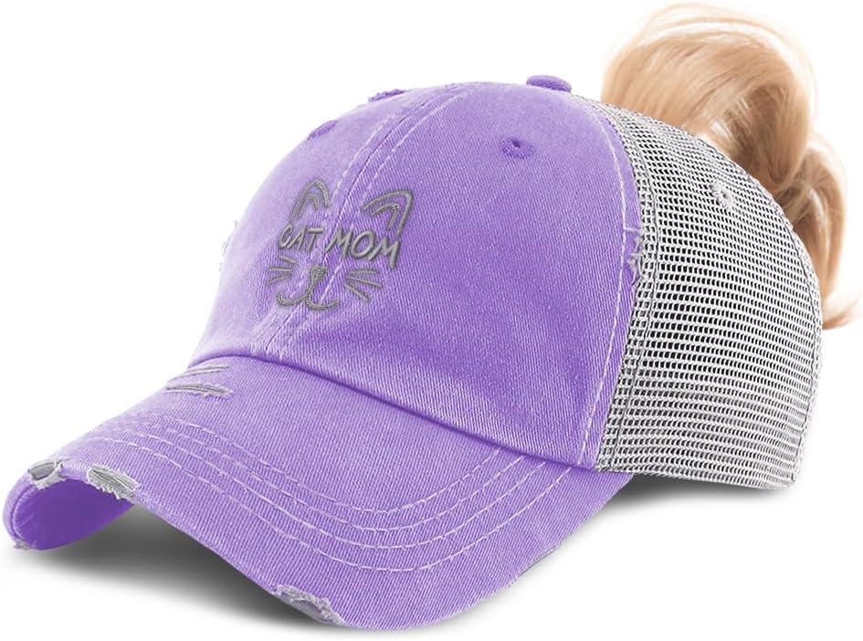 Ponytail Cap Women's Baseball Cap Embroidered Cat Mom Face Silver Embroidery Cotton
