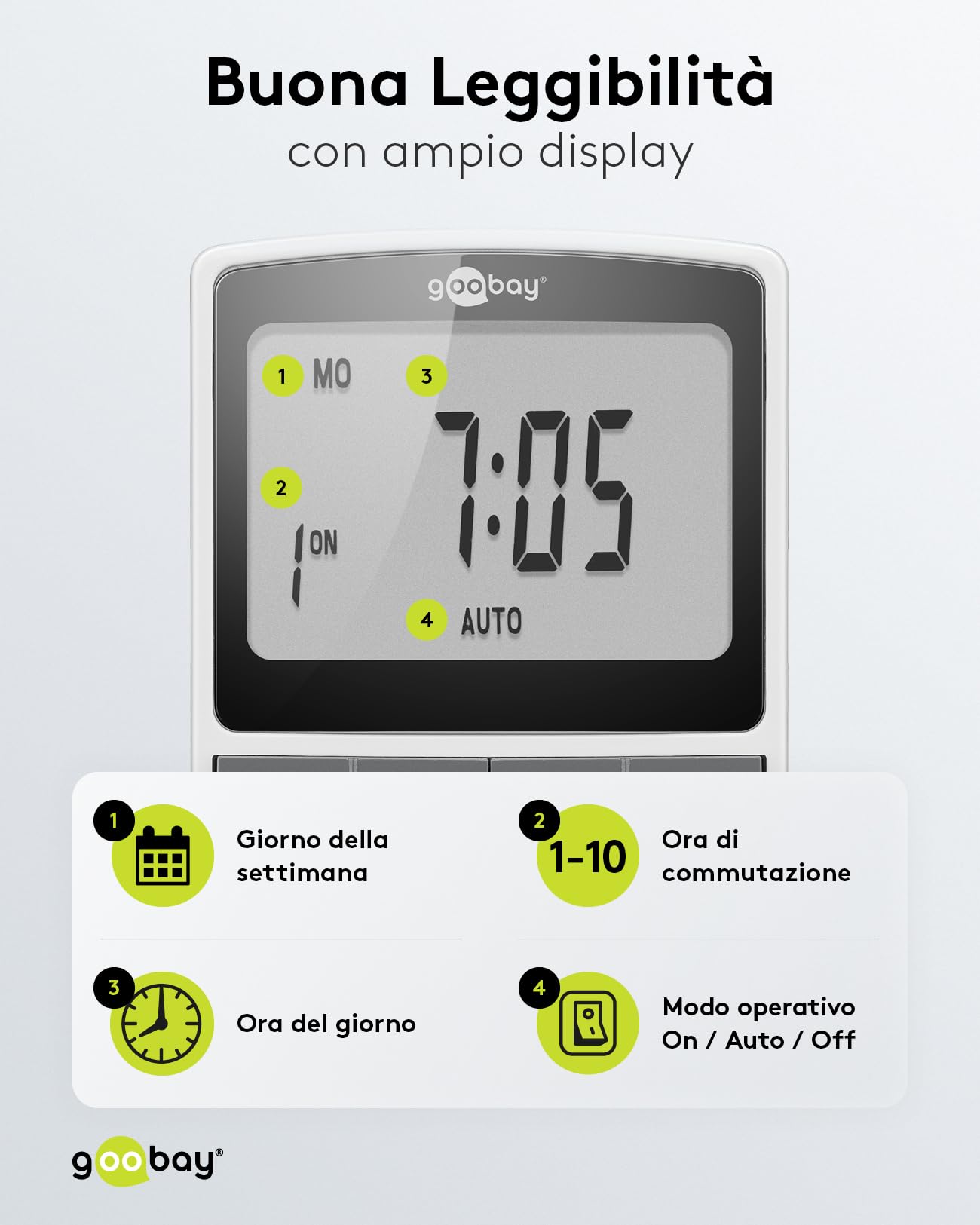goobay - Set di 4 timer digitale con 16 programmi – Timer con modalità casuale per protezione anti-intrusione – Presa timer inclusa 100 giorni batteria back-up – 3680 W – 230 V (AC) – 16 A – 74217